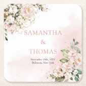 水彩赤面バラユーカリ金ゴールド結婚ズ スクエアペーパーコースター (正面)