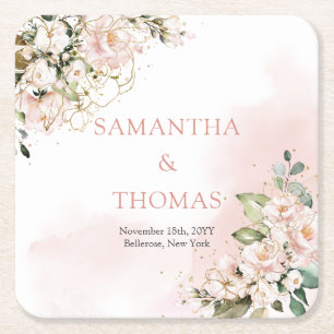 水彩赤面バラユーカリ金ゴールド結婚ズ スクエアペーパーコースター