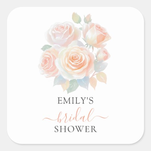 水彩赤面バラ金ゴールドガーデンブライダルシャワー スクエアシール (正面)