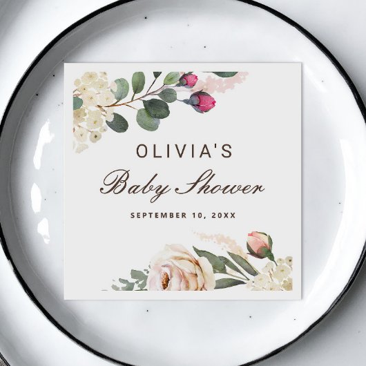 水彩赤面バラ。ガーデンフローラベビーシャワー スタンダードカクテルナプキン