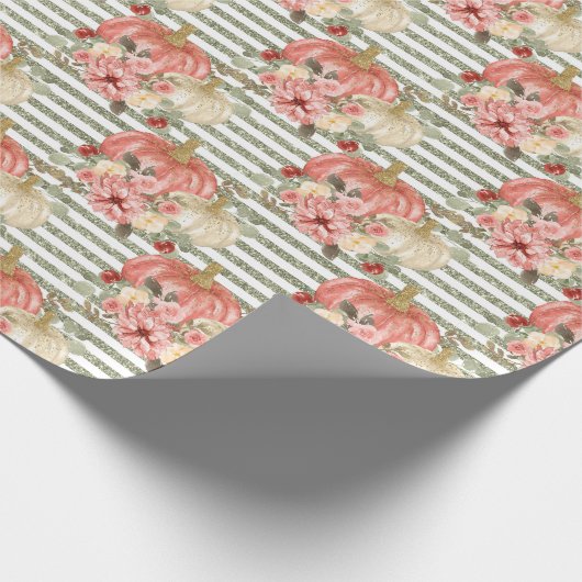 水彩赤面パンプキングリーン金ゴールドグリッターストライプ ラッピングペーパー (角)