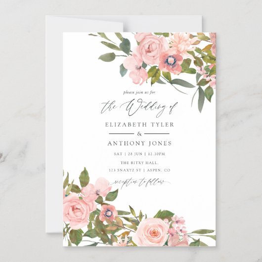 水彩赤面ピンクとバラ金ゴールド結婚バラ マグネット招待状 (正面)