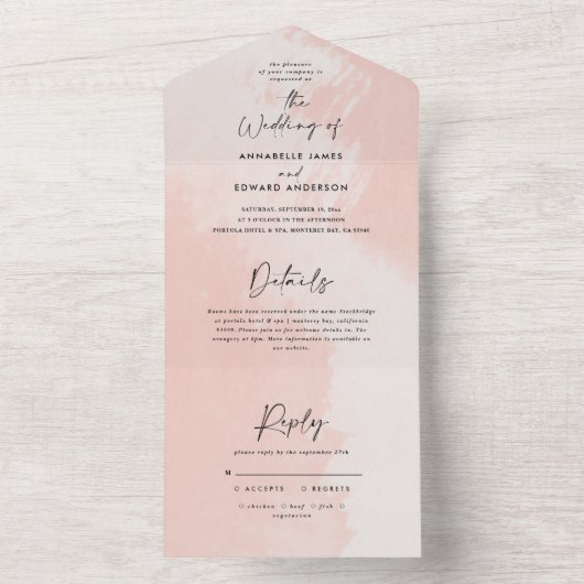 水彩赤面ピンクと白スタイリッシュ結婚色 オールインワン招待状 (内側)