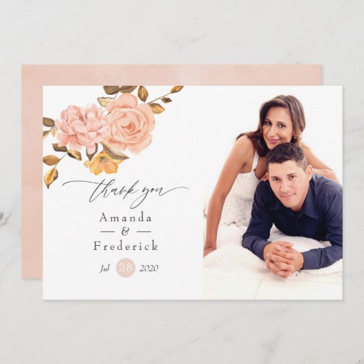 水彩赤面ピンクと金ゴールドフローラ結婚ズ サンキューカード (正面/裏面)