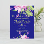 水彩赤面ピンクのネイビーフローラ退職パーティー 招待状 (スタンド正面)