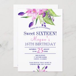 水彩赤面ピンクのネイビーフローラsweet sixteen 招待状