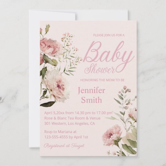 水彩赤面ピンクのバラの女の子ベビーシャワー 招待状 (正面)