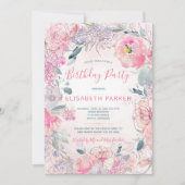 水彩赤面ピンクのバラ園の誕生日パーティー 招待状 (正面)