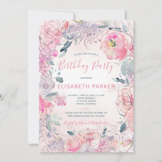水彩赤面ピンクのバラ園の誕生日パーティー 招待状 (正面)
