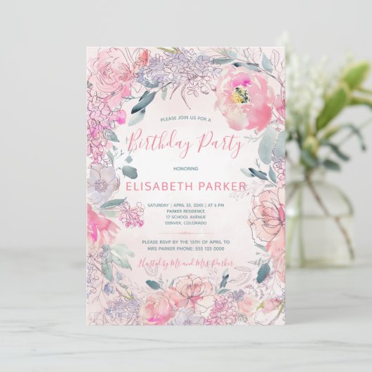 水彩赤面ピンクのバラ園の誕生日パーティー 招待状 (スタンド正面)