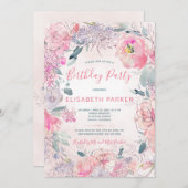 水彩赤面ピンクのバラ園の誕生日パーティー 招待状 (正面/裏面)