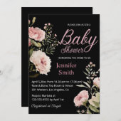 水彩赤面ピンクのバラ女の子ベビーシャワーブラック 招待状 (正面/裏面)