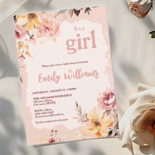 水彩赤面ピンクの女の子の赤ちゃんシャワーの招待状 招待状