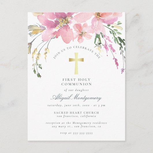 水彩赤面ピンクの花の最初の聖餐式 インビテーションポストカード (正面)