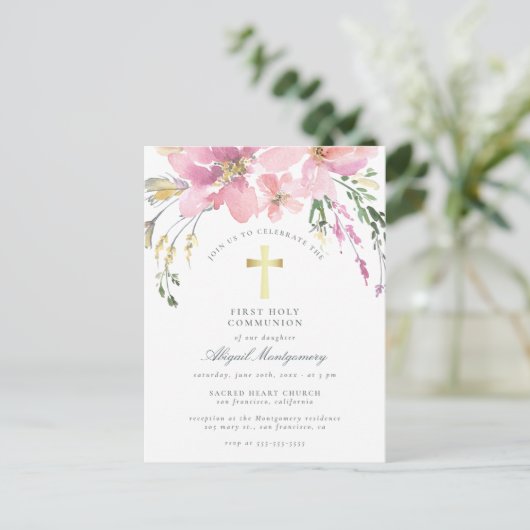水彩赤面ピンクの花の最初の聖餐式 インビテーションポストカード (スタンド正面)