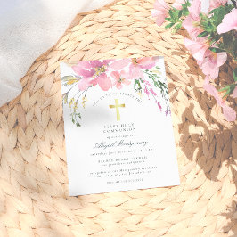水彩赤面ピンクの花の最初の聖餐式 インビテーションポストカード