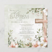 水彩赤面ピンクの花の木製クロスバプテスマ 招待状 (正面/裏面)