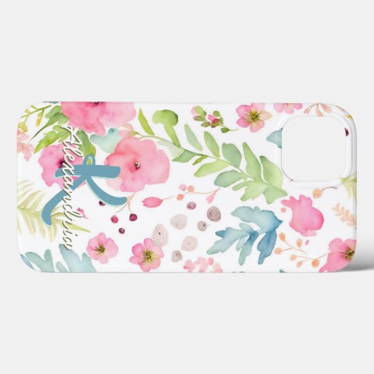 水彩赤面ピンクの花メドーモノグラム名 Case-Mate iPhoneケース (裏面 (横))