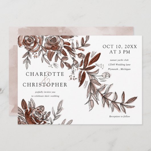 水彩赤面ピンクの花結婚水平 招待状 (正面/裏面)