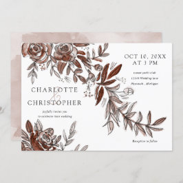 水彩赤面ピンクの花結婚水平 招待状