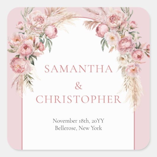 水彩赤面ピンクの花boho arch pampas スクエアシール (正面)
