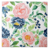 水彩赤面ピンクインディゴブルーフローラルパターン タイル (正面)