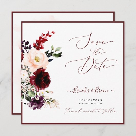 水彩赤面ピンクバーガンディーメルロバラ 招待状 (正面/裏面)