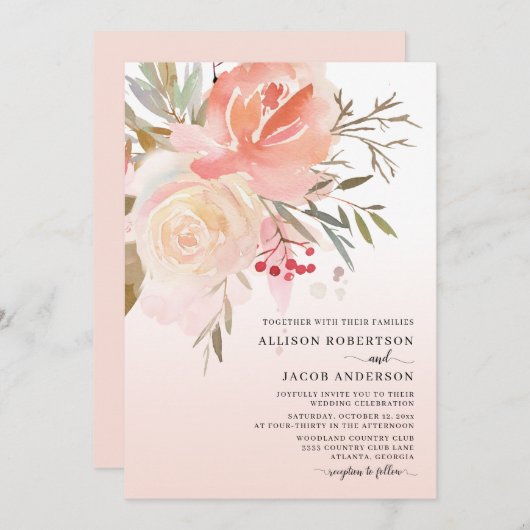 水彩赤面ピンクピーチフラワー結婚ズ 招待状 (正面/裏面)