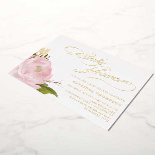 水彩赤面ピンクピーニーベビーシャワー金ゴールド 箔招待状 (回転した状態)