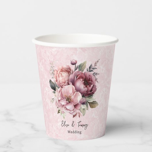 水彩赤面ピンクピーニーマーブル結婚ズ 紙コップ (正面)