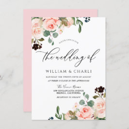 水彩赤面ピンクフラワーズ春の結婚式 招待状
