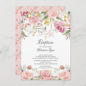 水彩赤面ピンクフローラガールバプテスマ 招待状 (正面/裏面)