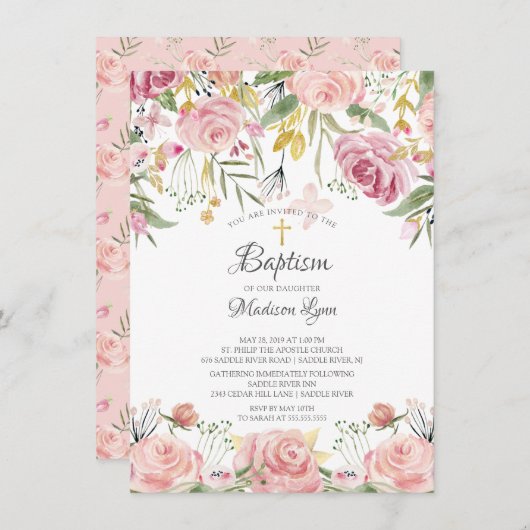 水彩赤面ピンクフローラガールバプテスマ 招待状 (正面/裏面)