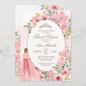 水彩赤面ピンクフローラスイーツ16誕生日 招待状 (正面/裏面)