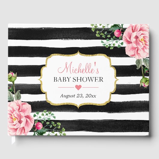 水彩赤面ピンクフローラストライプベビーシャワー ゲストブック (正面)