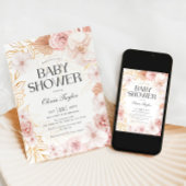 水彩赤面ピンクフローラベビーガールシャワー 招待状