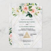 水彩赤面ピンクフローラボホ結婚ズ 招待状 (正面/裏面)