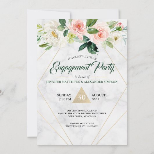 水彩赤面ピンクフローラボー婚約パーティ 招待状 (正面)