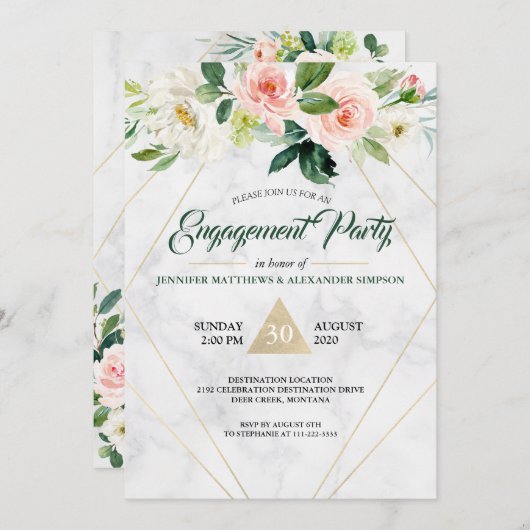水彩赤面ピンクフローラボー婚約パーティ 招待状 (正面/裏面)
