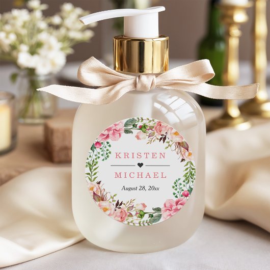 水彩赤面ピンクフローラリース結婚式の引き出物 ラウンドシール