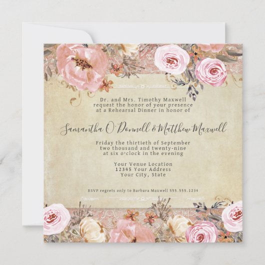 水彩赤面ピンクフローラヴィンテージレース 招待状 (正面)