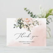 水彩赤面ピンクフローラ緑の金ゴールド結婚ズ サンキューカード (スタンド正面)