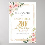 水彩赤面ピンクフローラ50th birthday welcome ポスター<br><div class="desc">ボホ祝赤面ピンクローズEucalyptus Greenery Folids金ゴールドフレーム50誕生日歓迎ポスターポーチのサインであなたの人生の黄金のジュビリー。赤面楽しむピンクのバラ、緑豊かなユーカリの緑、金ゴールドフレームのエーテルのブレンドエレガント。このデザインはボヘミクラシカルアンのツイストと交わる優雅さの感覚を紹介し、70の輝かしい人生の恵みと魅力を完璧に表す来ことを示している。柔らかいピンクと緑の緑のパレットは、金ゴールドフレームの豊かさと調和し、あなたの特別なお祝いに完璧な永遠の美的を醸し出す。一致連絡するアイテムまたはカスタマイズ用のマイレットプリント©</div>