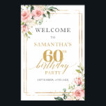 水彩赤面ピンクフローラ60th birthday welcome ポスター<br><div class="desc">ボホ祝赤面ピンクローズEucalyptus Greenery Folids金ゴールドフレーム60th誕生日歓迎ポスターポーチのサインであなたの人生の黄金のジュビリー。赤面楽しむピンクのバラ、緑豊かなユーカリの緑、金ゴールドフレームのエーテルのブレンドエレガント。このデザインはボヘミクラシカルアンのツイストと交わる優雅さの感覚を紹介し、70の輝かしい人生の恵みと魅力を完璧に表す来ことを示している。柔らかいピンクと緑の緑のパレットは、金ゴールドフレームの豊かさと調和し、あなたの特別なお祝いに完璧な永遠の美的を醸し出す。一致連絡するアイテムまたはカスタマイズ用のマイレットプリント©</div>