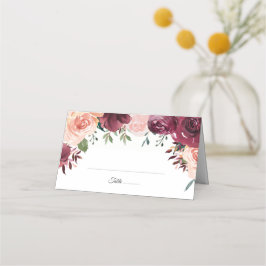 水彩赤面ピンクブルゴーニュバラフローラ結婚ズ プレイスカード