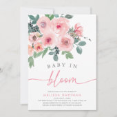 水彩赤面ピンクベビーイン開花ガールシャワー 招待状 (正面)