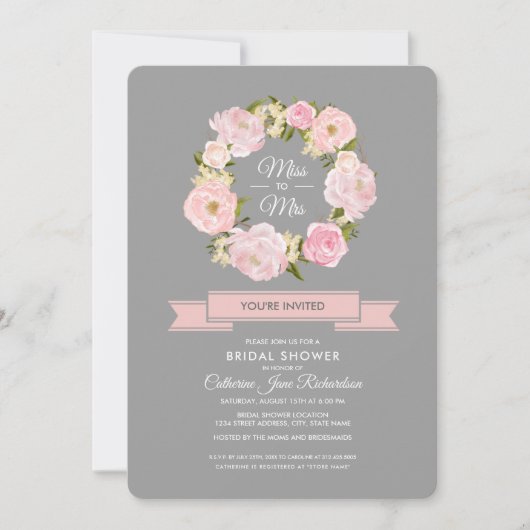 水彩赤面ピンクペオニスグレーブライダルシャワー 招待状 (正面)