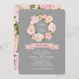 水彩赤面ピンクペオニスグレーブライダルシャワー 招待状