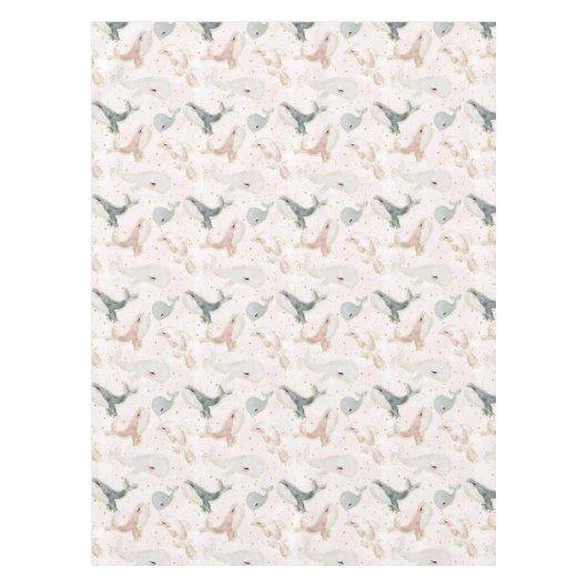 水彩赤面ピンクホエールドルフィン海シーガール テーブルクロス (正面)