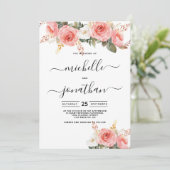 水彩赤面ピンクホワイトミントフローラ結婚ズ 招待状 (スタンド正面)